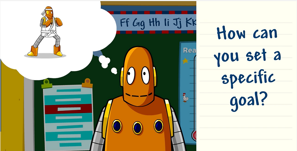 Moby, the orange robot, imagines himself in a toga in a ready stance. On-screen text: How can you set a specific goal? From BrainPOP Jr.'s Setting Goals movie.