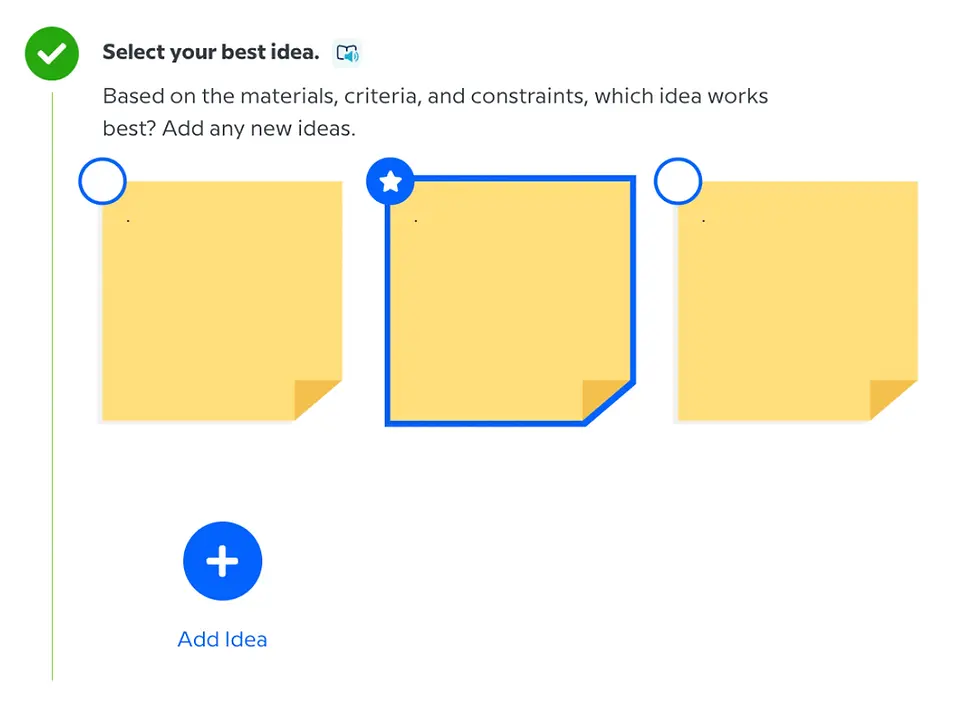 Yellow sticky notes with circular checkboxes. One is highlighted with a blue border and star. "Select your best idea." is written above.