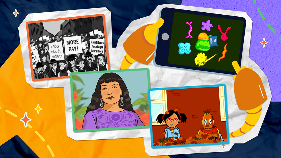 Collage of relevant BrainPOP movies, including Labor Day, Sandra Cisneros, Proteins, and the BrainPOP Jr. Fall movie.