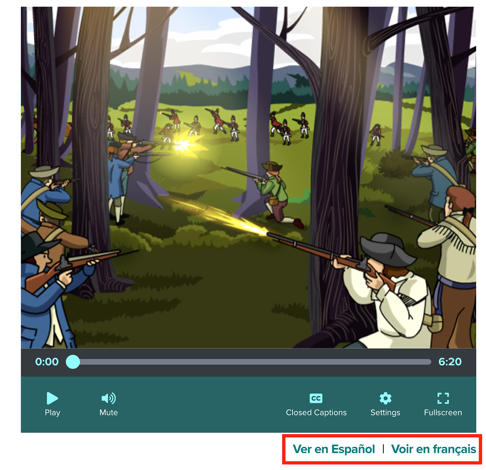 Cartoon battle scene in a forest; colonial soldiers firing muskets at red-coated troops. Greenery in background, text options in Spanish and French.
