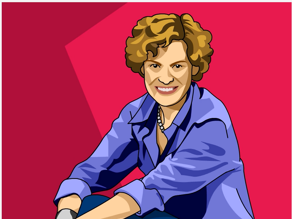 Illustration of Judy Blume, smiling with curly hair wearing a blue shirt and pearls against a vibrant pink background. From BrainPOP's Judy Blume movie.