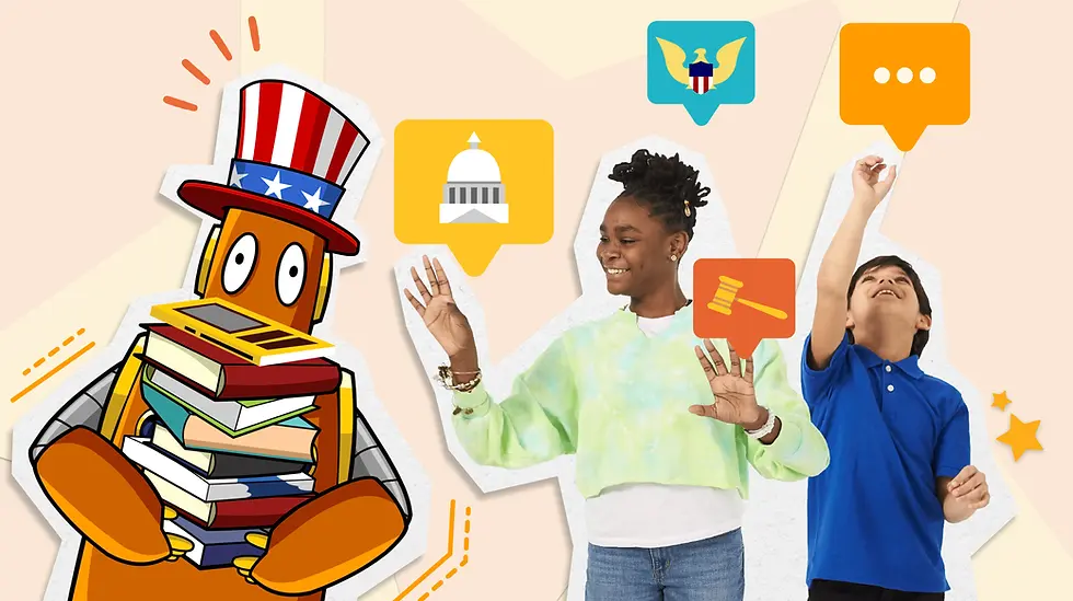 Moby the orange robot in a patriotic hat holds books, beside two kids smiling and interacting with speech bubbles depicting government symbols.