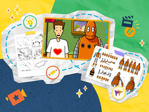 Animated BrainPOP characters Tim and Moby stand in a room. Tim has a heart on his shirt. Storyboards and robot illustrations surround them on a colorful background.