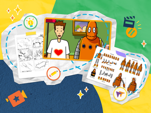 Animated BrainPOP characters Tim and Moby stand in a room. Tim has a heart on his shirt. Storyboards and robot illustrations surround them on a colorful background.