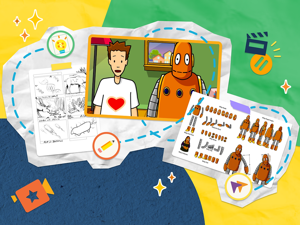 Animated BrainPOP characters Tim and Moby stand in a room. Tim has a heart on his shirt. Storyboards and robot illustrations surround them on a colorful background.
