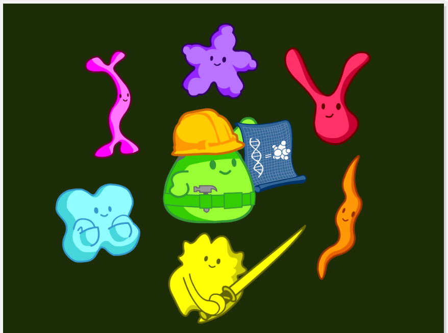 BrainPOP Proteins topic: colorful array of abstract protein-shaped icons in various forms and colors, including twisted, flower-like, and blob shapes, on a dark green background.