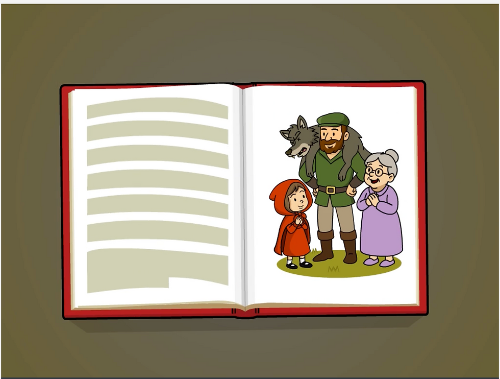 From BrainPOP's movie on Folk Tales. Open book with illustrated fairy tale characters: a girl in a red cape, a smiling woodsman with a wolf, and an elderly woman in purple.