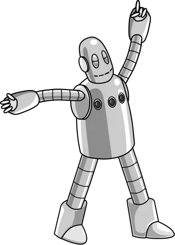A cheerful, gray Moby the robot with a smiling face dances with arms raised against a black background. Its metallic body features three buttons.