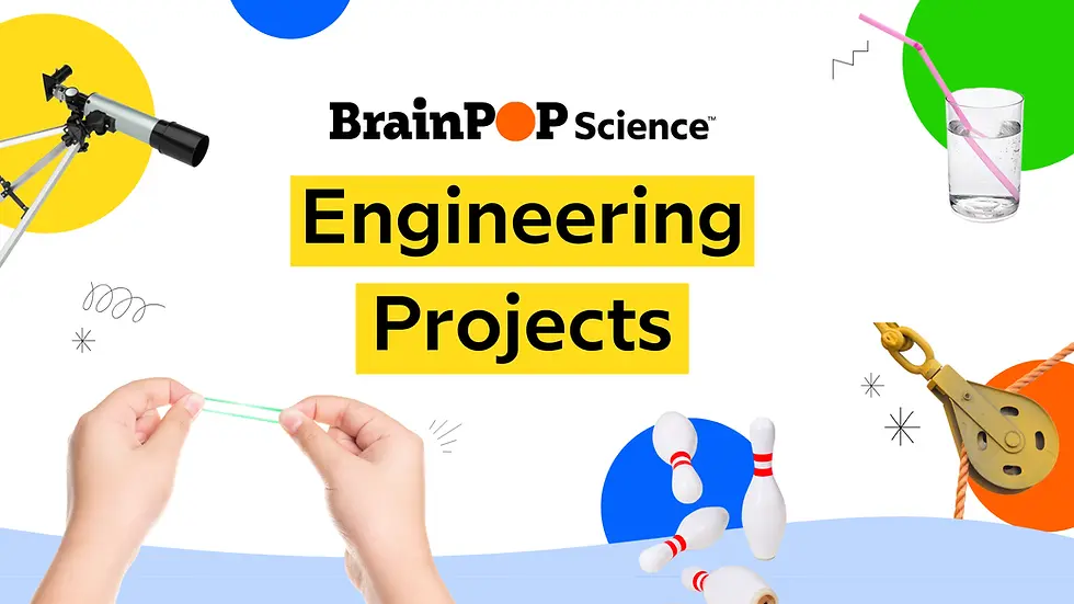 Hands stretch elastic, surrounded by telescope, pulley, glass, and bowling pins. "BrainPOP Science: Engineering Projects" text on yellow.