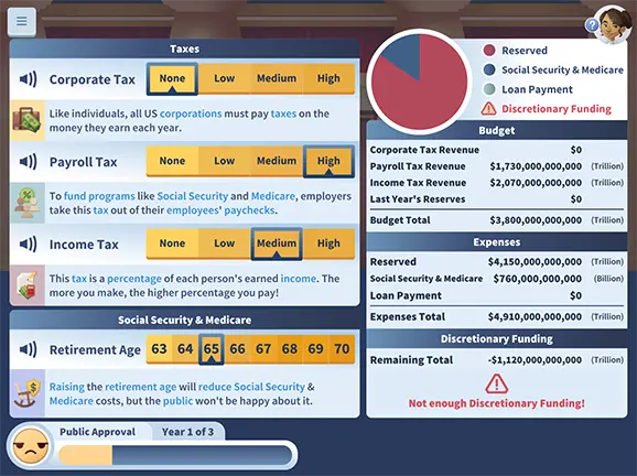 Adjustable spectrums for corporate tax, payroll tax, income tax, and retirement age, as well as available budget and public approval.