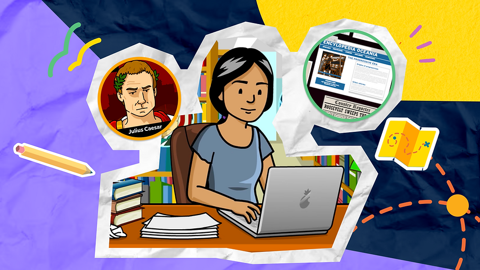 Illustration of a person using a laptop at a desk with books. Background shows BrainPOP movie stills of Julius Caesar and an encyclopedia page. Bright, colorful design.