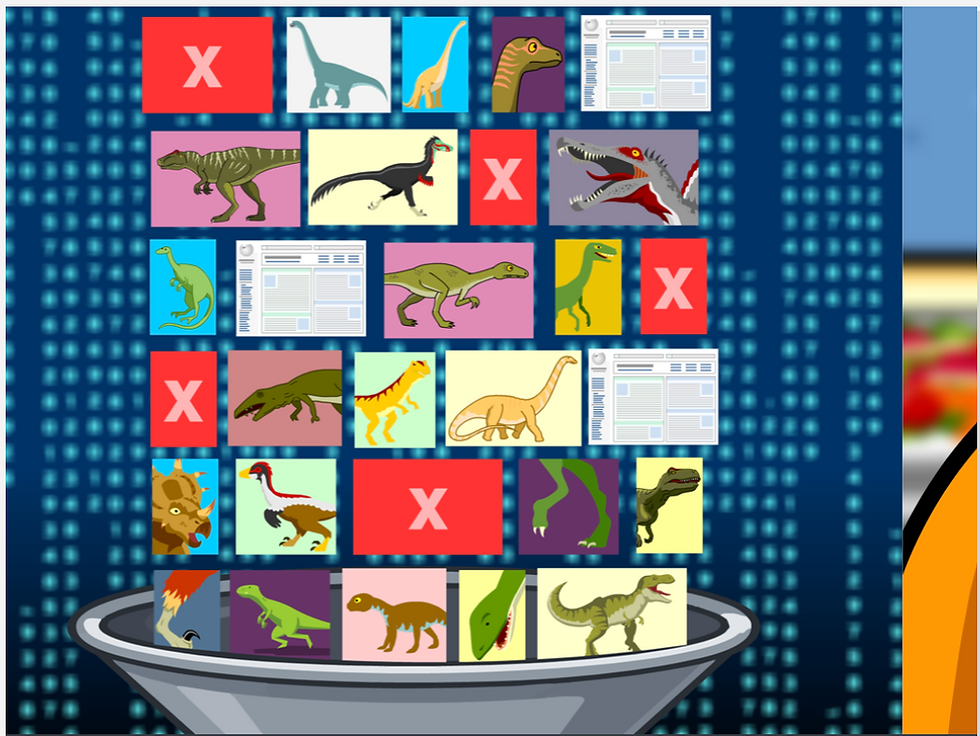 BrainPOP AI and Misinformation topic: illustration of a scale weighing a stack of dinosaur image cards, some marked with red X icons, symbolizing how AI models sort and evaluate information.
