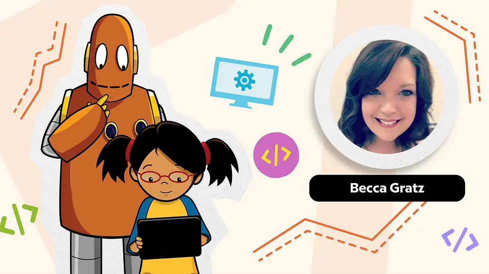Moby the orange robot and girl with a tablet against a tech-themed background. A photo of a smiling woman labeled "Becca Gratz" is on the right.