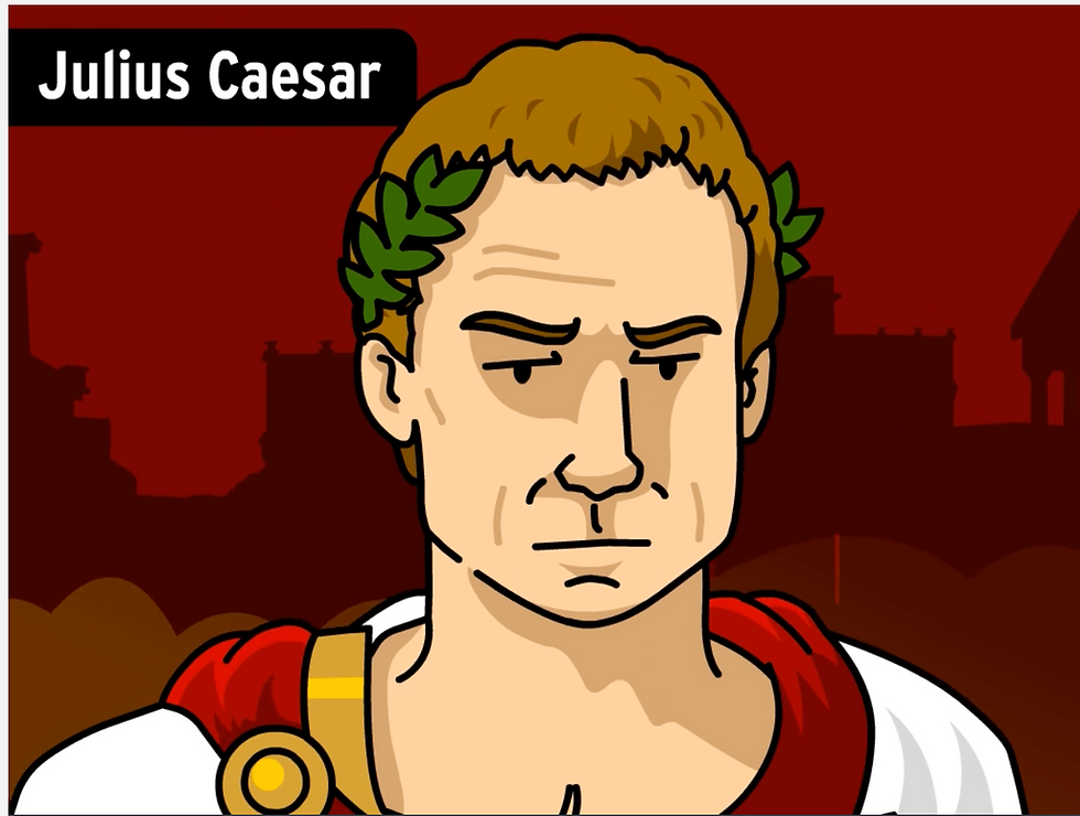 Cartoon of a Roman figure with laurel wreath; wears red and white toga. Text: "Julius Caesar." Background: red with silhouette buildings.
