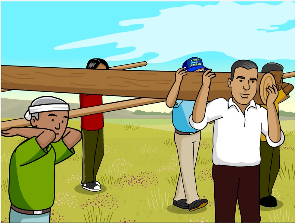Animated still from BrainPOP's Native American Traditions movie. The animation shows Lakota men in modern dress carrying a tall tree on their shoulders. One of the men is wearing a Korean War veteran hat.