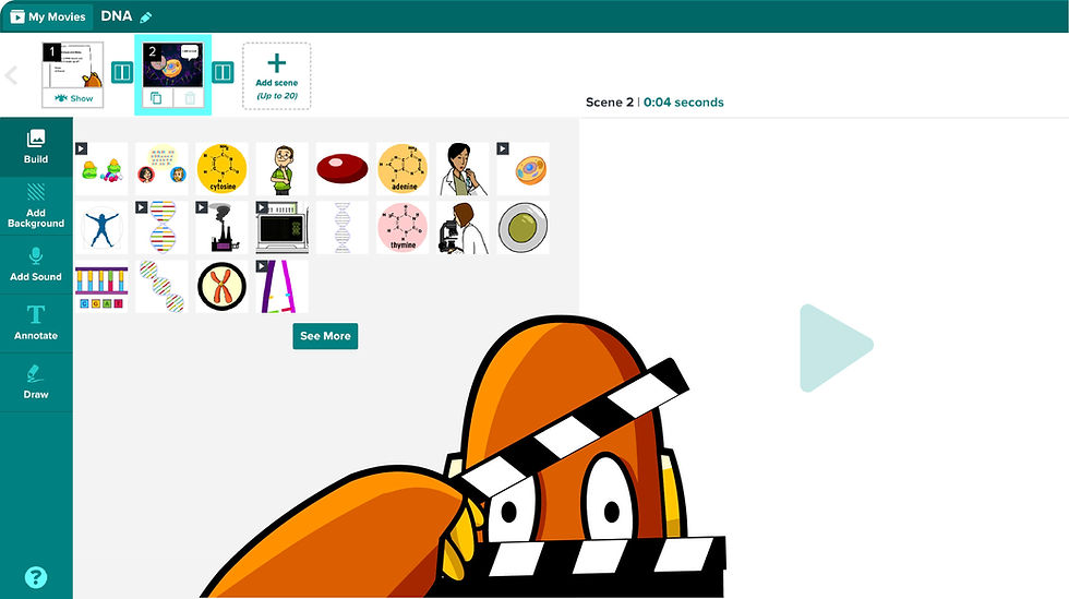 Moby the orange robot holds a clapperboard. Background shows a DNA-themed animation editor with various scientific icons.