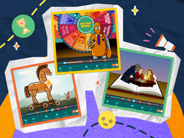 Collage of three educational images with visible video players: a Trojan horse, a robot with a spin wheel, and historical figures around a book. Colorful background.