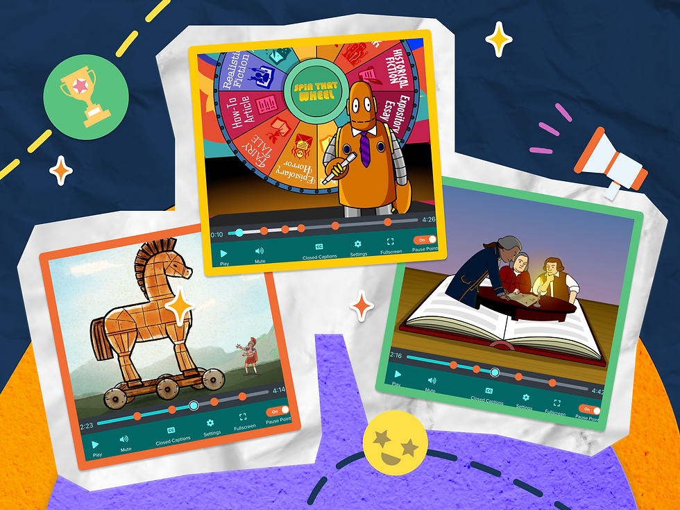 Collage of three educational images with visible video players: a Trojan horse, a robot with a spin wheel, and historical figures around a book. Colorful background.