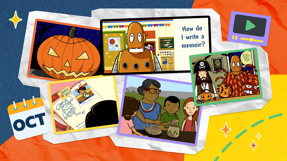 Collage of BrainPOP and BrainPOP Jr. movies relevant in October: Pumpkins, Writing About Yourself, Types of Writing, Native American Traditions, and Halloween