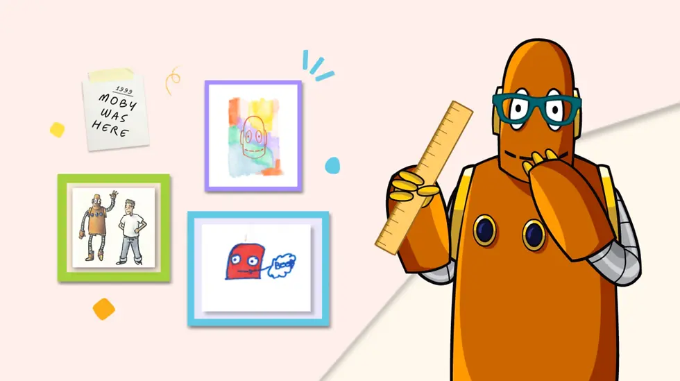 Moby with glasses and a ruler next to a scrapbook style gallery wall of Moby through the ages.