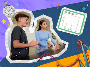 Collage of middle school students in a science lab and a chart showing that students who completed more BrainPOP Science investigations tended to earn higher scores on the Florida state assessment—especially if the students were female, Black, Hispanic, or Multilingual Learners. 