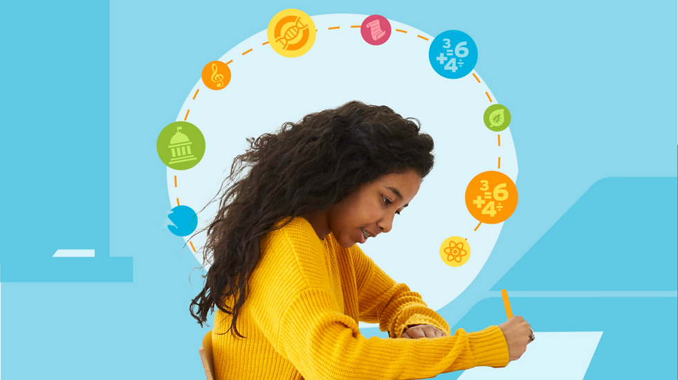 Student writing on paper, while surrounded by 9 icons representing essential literacy skills