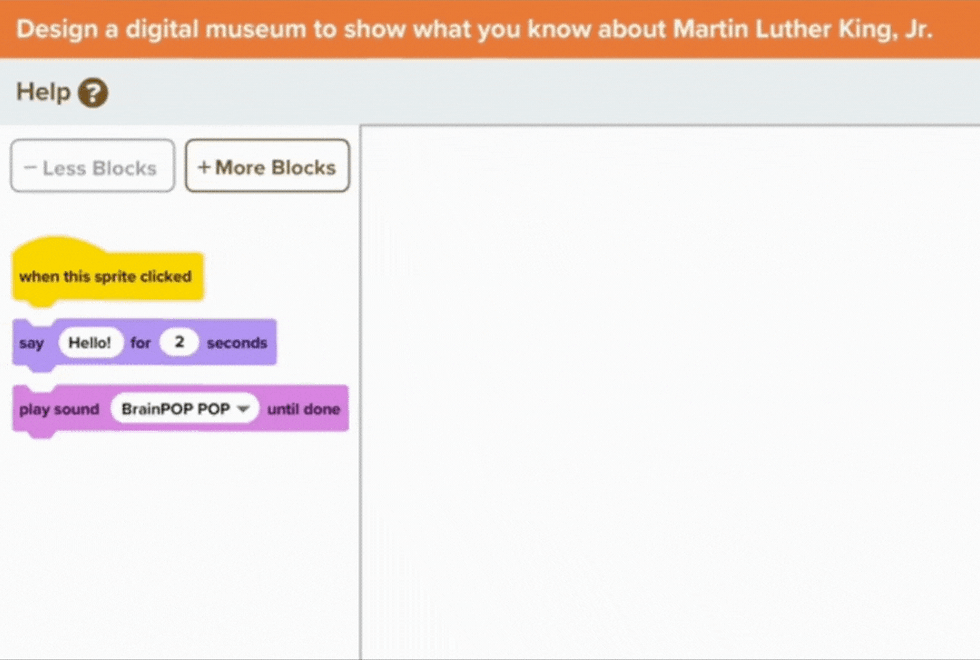 Coding interface shows project to design a digital museum about Martin Luther King Jr. Text blocks read: "when sprite clicked, say Hello!, play sound."