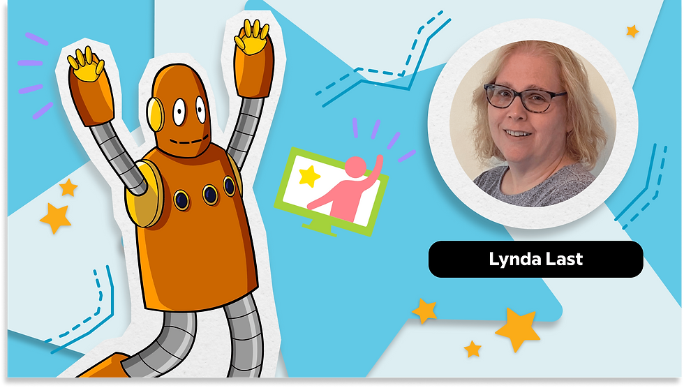 Moby the orange robot raises its arms beside a woman's photo labeled "Lynda Last". The background is blue with stars and lines.