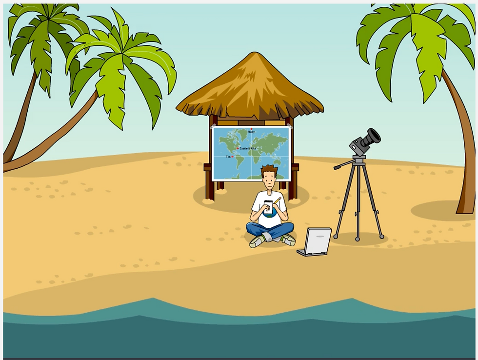 From BrainPOP's movie "Solstice and Equinox." Tim relaxing on a beach under palm trees, with a map, telescope, and laptop nearby. He's wearing a white shirt, set against a hut backdrop.