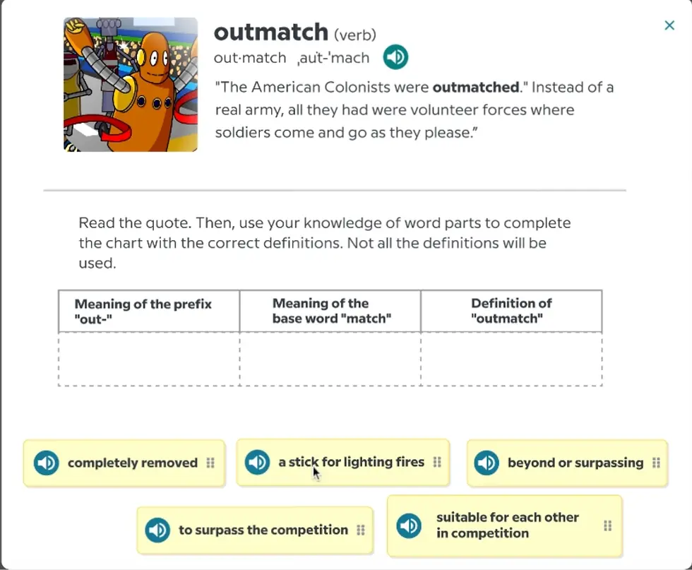 Cartoon robot next to the definition of "outmatch" with a quote. Below, instructions to complete a chart using provided definitions.