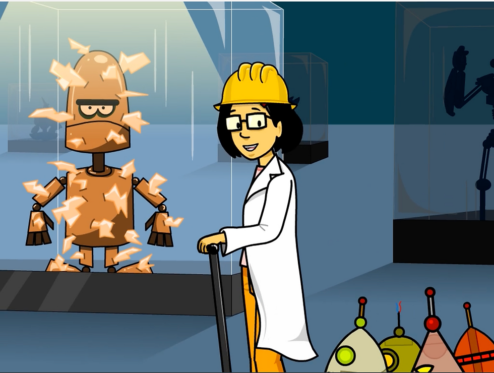 Rita wears a lab coat and observes robots in a science laboratory. From BrainPOP's movie on Lab Safety.