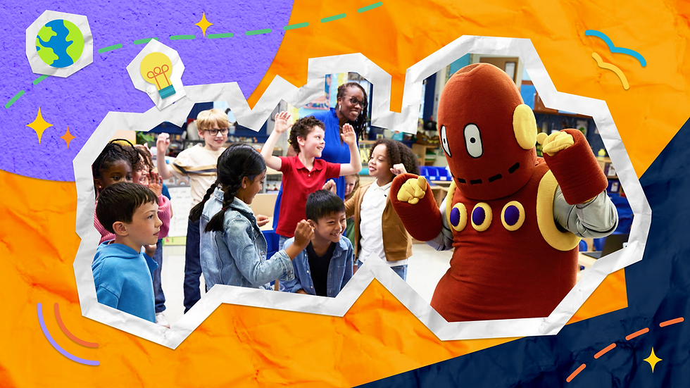 Kids and a teacher excitedly interact with Moby, the orange robot mascot in a classroom. Colorful cartoon-style elements surround the scene.