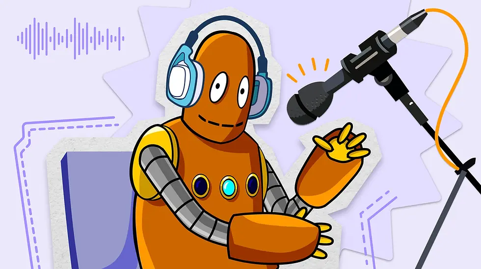 Moby the orange robot with headphones speaks into a microphone. Background shows soundwaves. Robot is orange with blue and yellow details.
