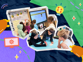 Collage of students learning at stations in a classroom: students come up to the board with sticky notes about the Sun, work in groups with markers, and participate in a front-of-class BrainPOP Jr. quiz to assess their understanding.