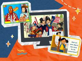 Collage of cartoon patriotic scenes from BrainPOP to celebrate America's semiquincentennial anniversary: Tim and Moby eating hot dogs, cheering parade crowd with American flags and patriotic costumes, and Annie asking what objects stand for the United States?