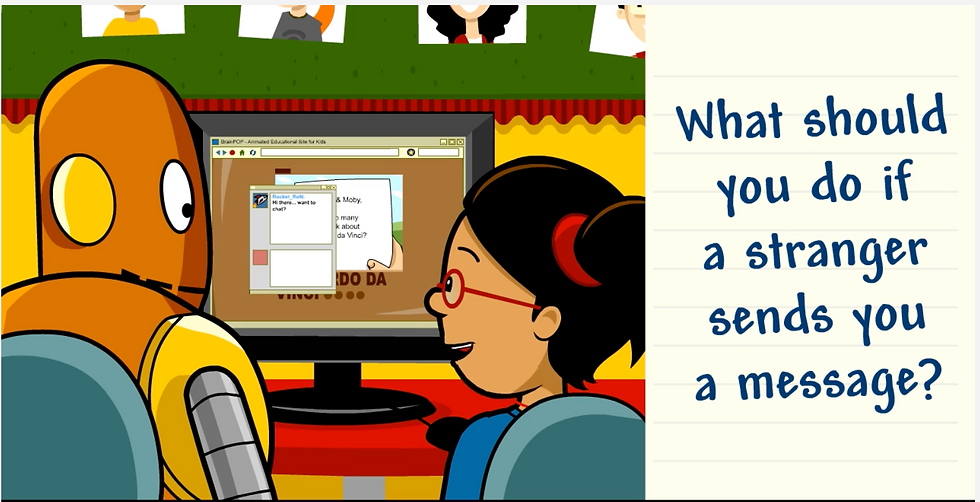 Moby and Annie sit in front of a computer open to an instant messaging platform. Caption: What should you do if a stranger sends you a message?