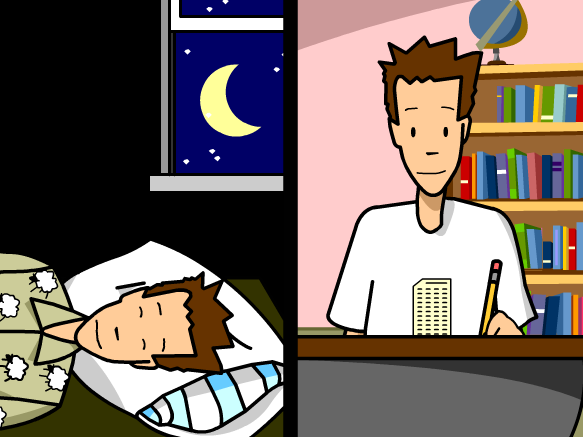 Still from BrainPOP "Test Preparation" movie showing Tim getting a good night of rest the night before test day and studying at a desk. 