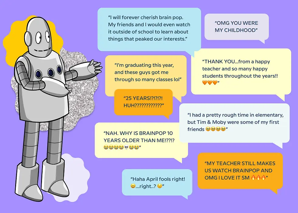 Silver Moby next to BrainPOP Instagram comments about the Silver Moby campaign. "OMG YOU WERE MY CHILDHOOD" "Thank you from a happy teacher and so many happy students throughout the years" "I had a pretty rough time in elementary but Tim and Moby were some of my first friends" "I'm graduating this year and these guys got me through so many classes lol"