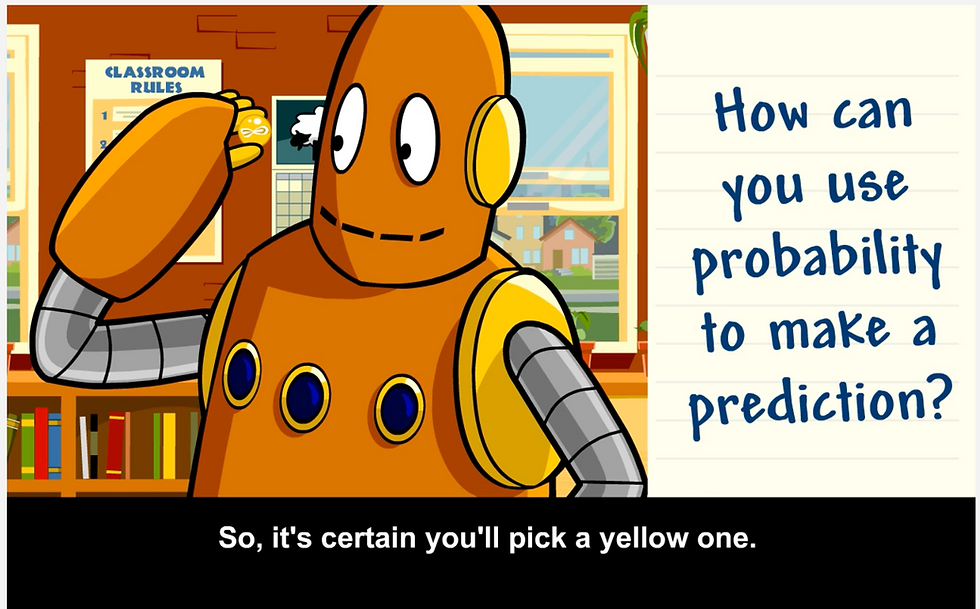 From BrainPOP Jr. movie on Basic Probability. Orange robot (Moby) holds a yellow object in a classroom, facing a note asking, "How can you use probability to make a prediction?"
