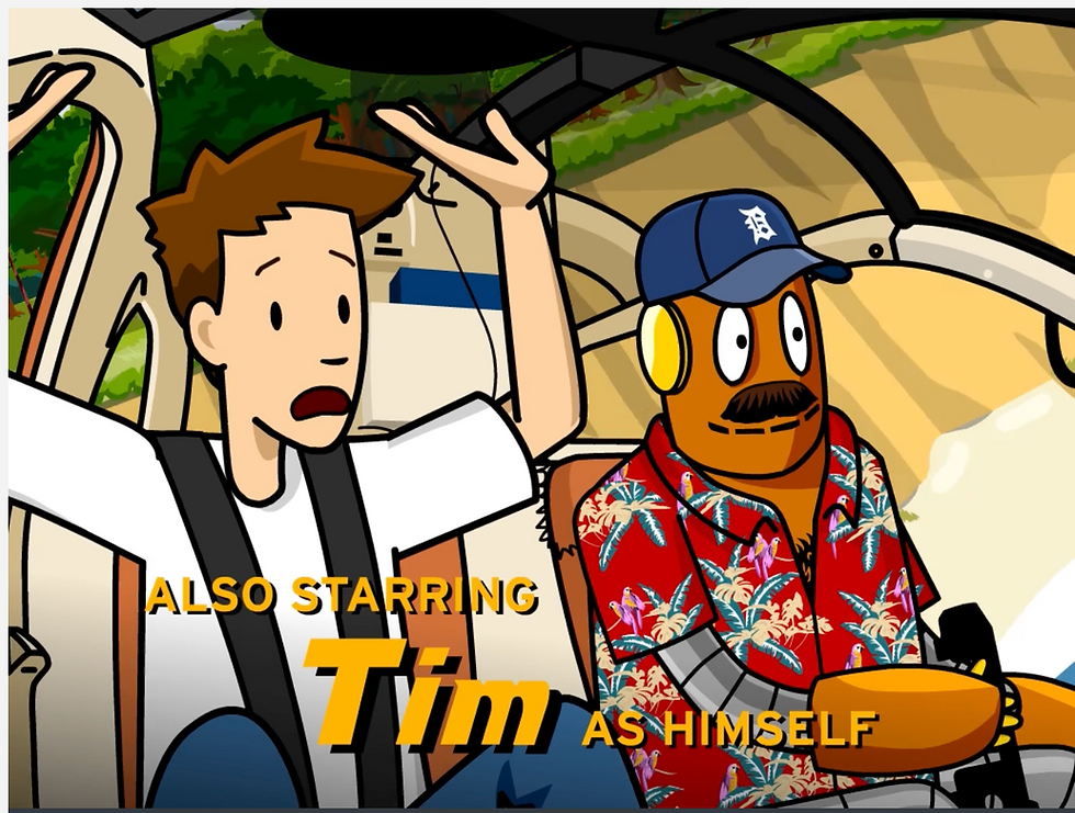 Animated BrainPOP movie still where Tim and Moby are in a helicopter. Moby is wearing a baseball hat, Hawaiian shirt, and fake mustache. Text: "Also starring Tim as himself."