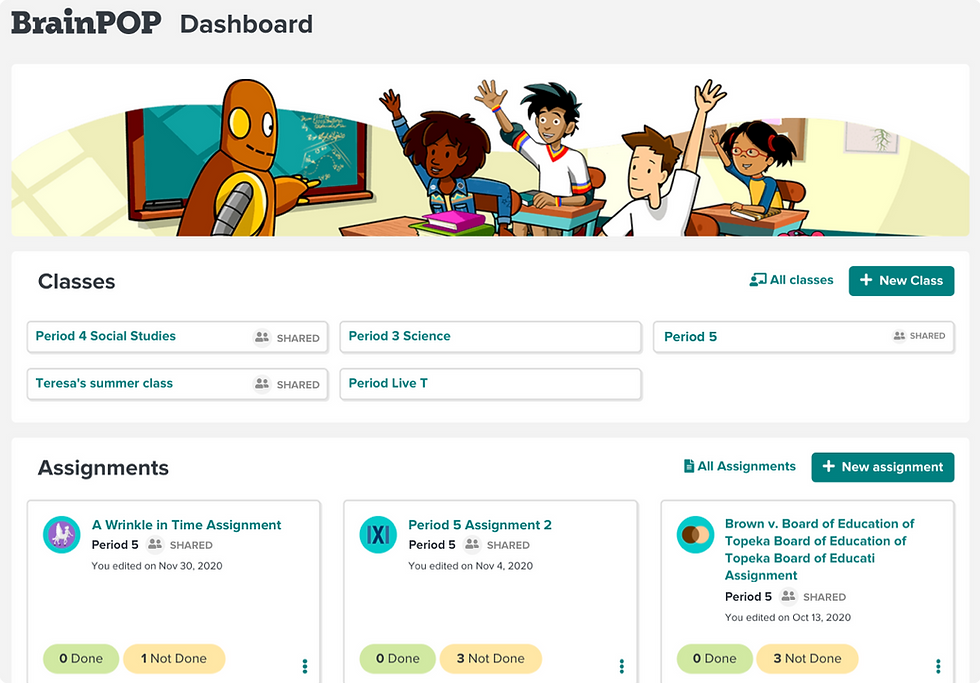BrainPOP dashboard with characters raising hands, classes, and assignments listed. Green and white theme with icons and text boxes.