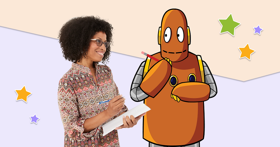 A woman with glasses smiles at a Moby the orange robot holding a pencil. She writes in a notebook. Colorful stars decorate the pastel background.