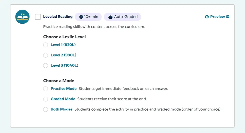 Reading platform screen showing options to choose Lexile level and mode for an auto-graded, 10+ min reading activity; includes preview button.