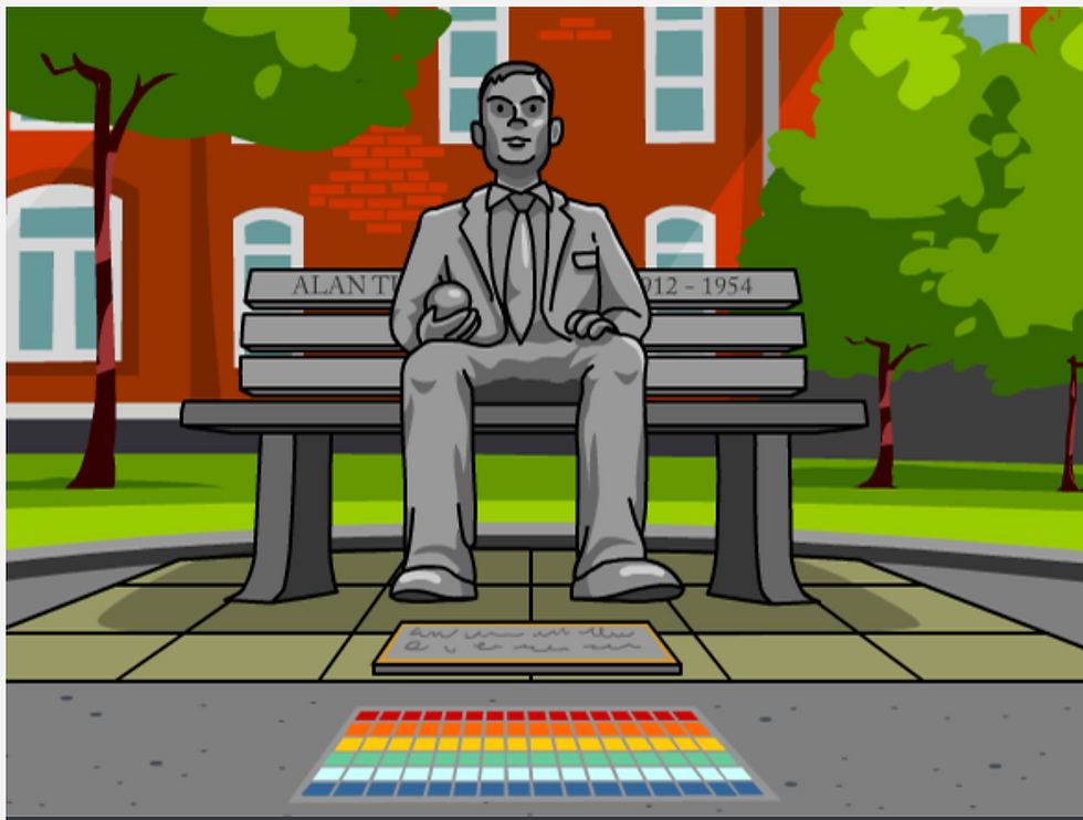 From the BrainPOP movie on Alan Turing. Statue of Alan Turing sitting on a bench. A rainbow is visible on the ground.