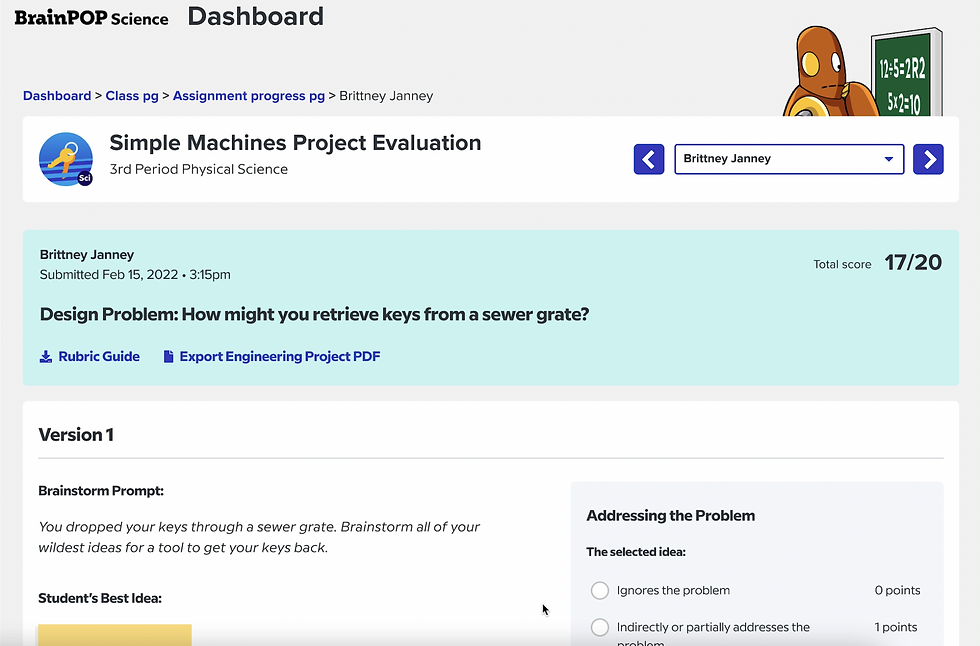 BrainPOP Science dashboard showing a project evaluation for retrieving keys from a sewer grate. Total score: 17/20.