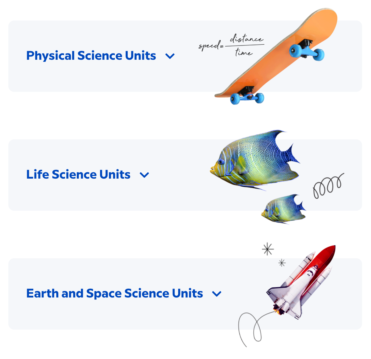 BrainPOP Science contains units across three disciplines: Physical Science units, Life Science units, and Earth and Space Science units