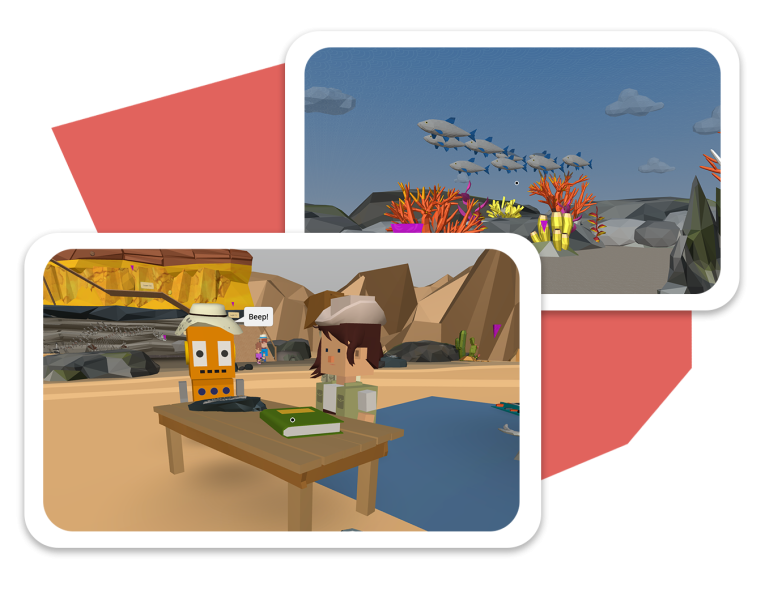 BrainPOP 3D World showing dry and rocky, and underwater environments