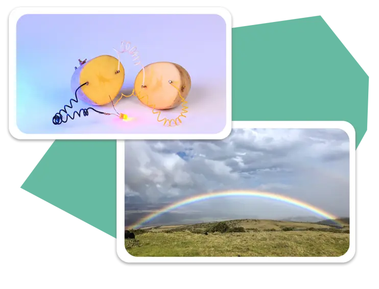 Potato cut in two with wires connecting the halves. A double rainbow.