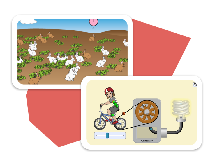 Simulation of rabbits in a field. Simulation of a child riding a bike to create electricity.
