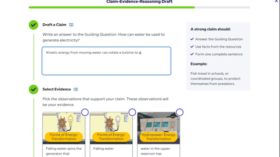GIF showing a student response for a Claim-Evidence-Reasoning draft. Students answer the Guiding Question and their observations throughout the investigation as evidence